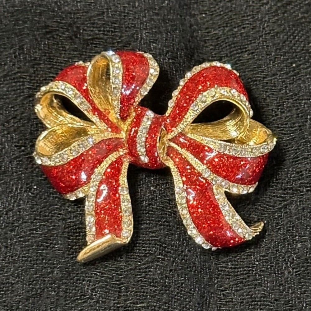 Vintage Red Glitter Enamel Bow Brooch Gold‎ Tone Rhinestone Christmas Pin